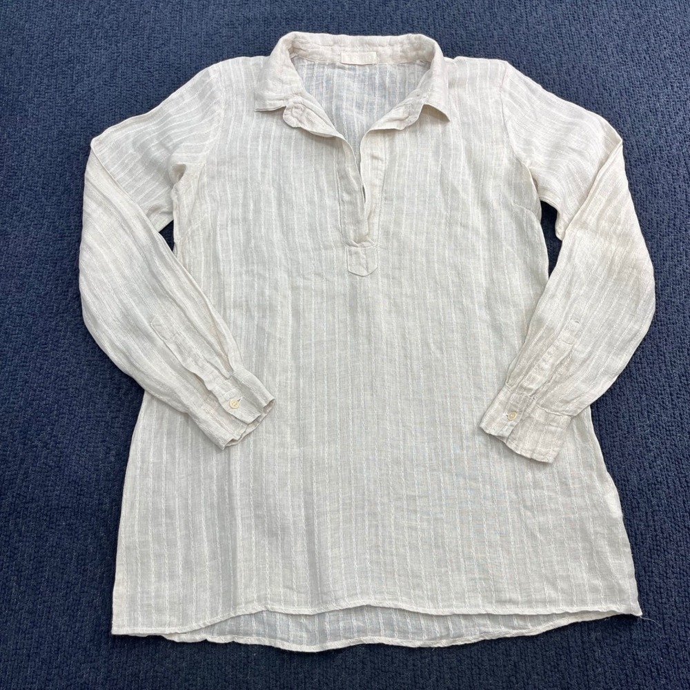 CP Shades Womens XS Cream 100%‎ Linen Textured Stripe Long Sleeve Tunic Blouse